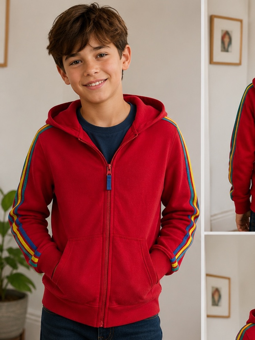 Mini Boden Cotton Red Kids' Zip-Up Hoodie with Sleeve Stripes